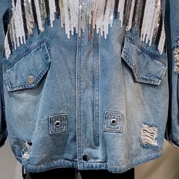 ๐ฅVTG 70s HIPPIE STYLE๐ฅ Distressed Sequinned Denim Anorak Jacket - Picture 13 of 16